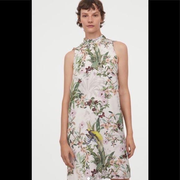 H&M Sleeveless Satin Bird and Floral Print Dress - Picture 1 of 8
